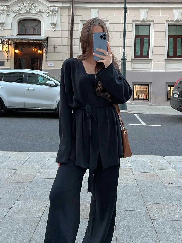SEAME - Divine - Comfy Knitted Autumn Winter Set with belted Vest & Wide Leg Trousers Black One Size