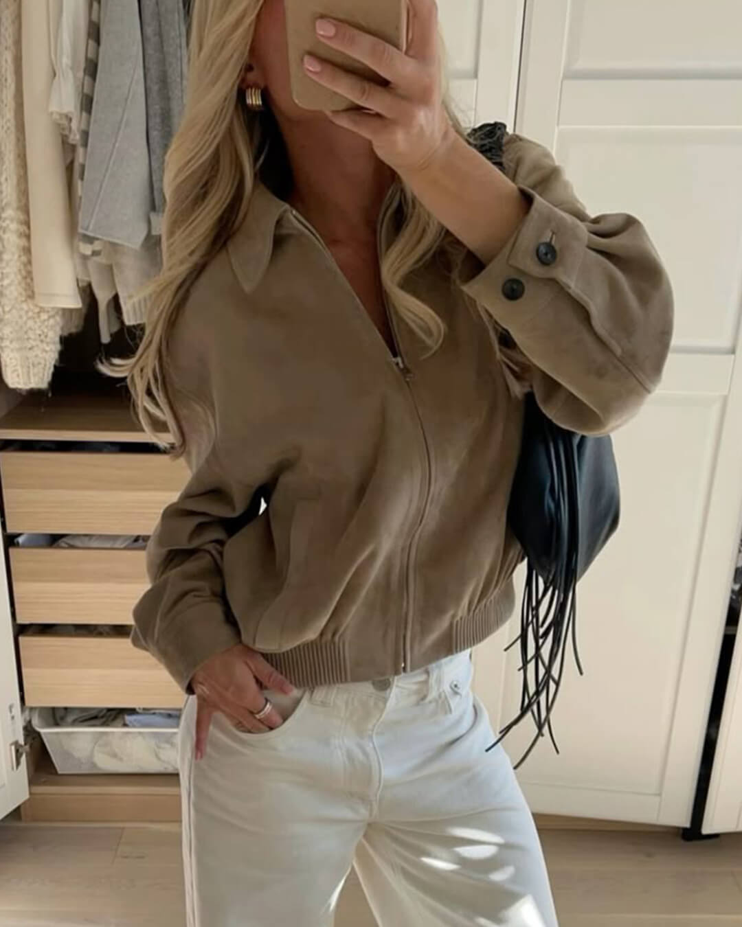 SEAME - Emily Suede Bomber Jacket Beige XS