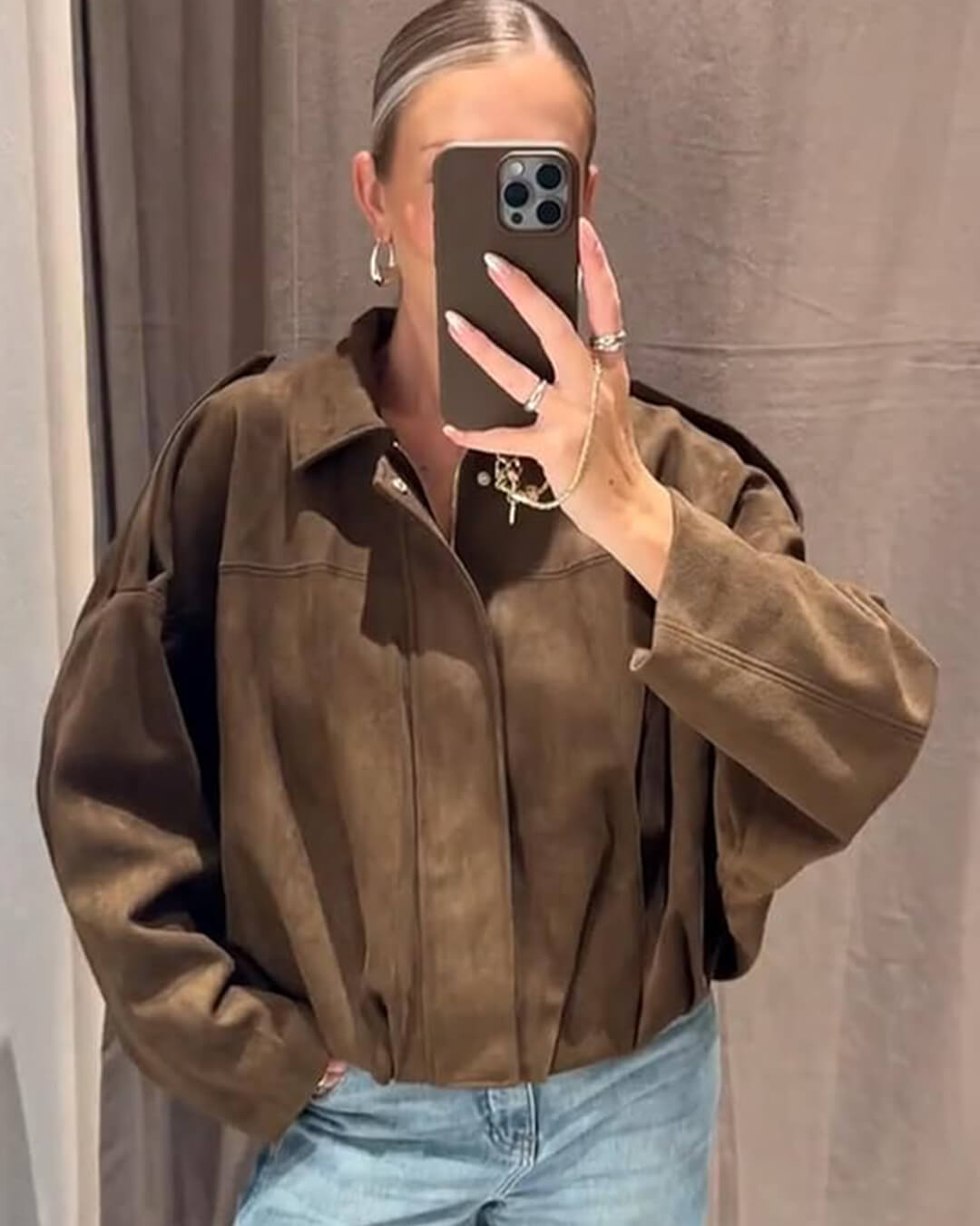 SEAME - Lara Suede Bomber Jacket Green S