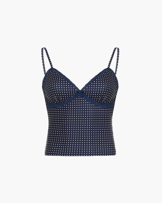 SEAME - Eloise Polka Dot Crop Top with Lace Stitching for Women, Casual Style Blue S
