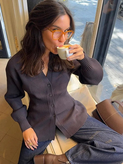 SEAME - Hazel Waisted V - Neck Cardigan Chocolate S