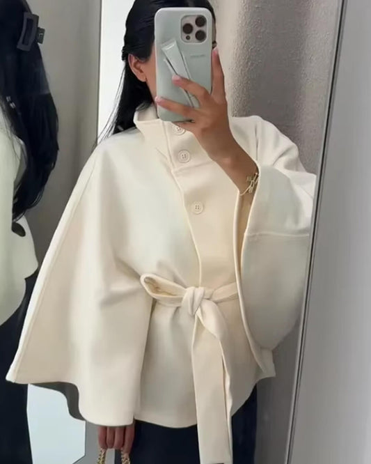 SEAME - Marianne Elegant High - Neck Belted Cape Jacket White S